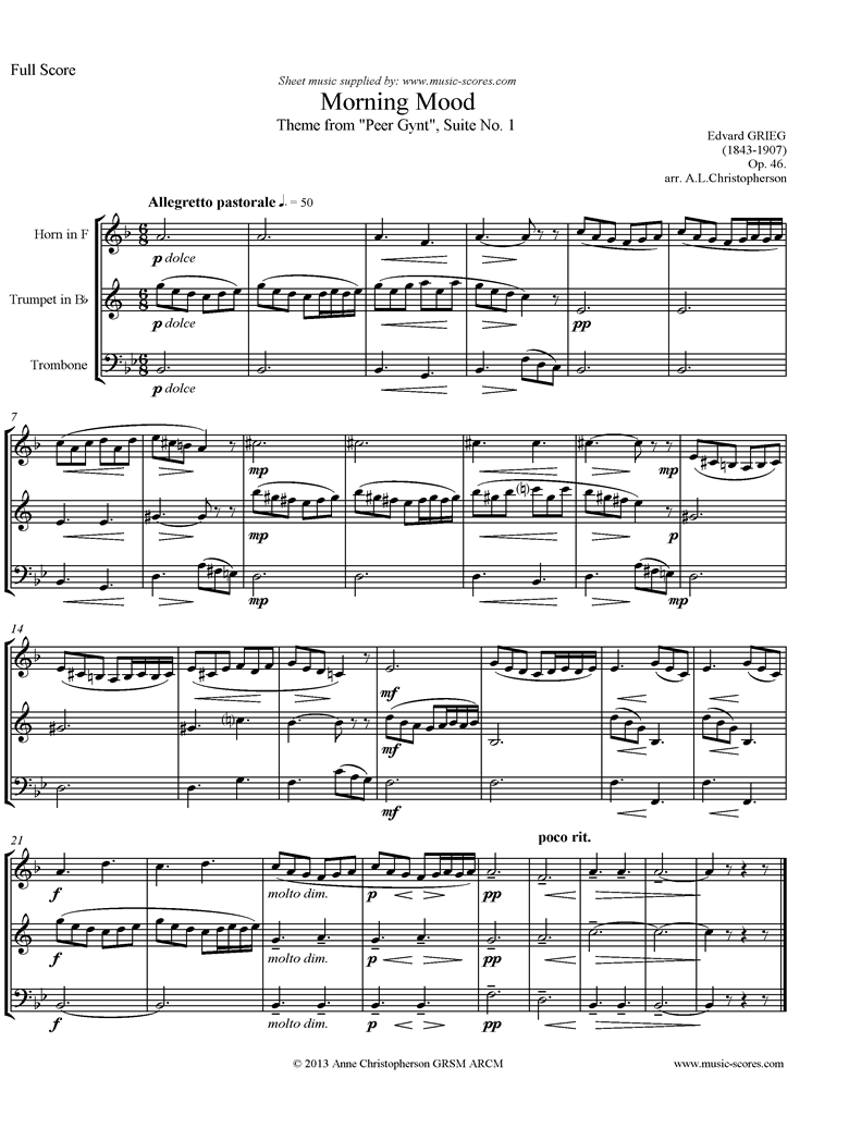 Front page of Op.46: Morning Mood: Peer Gynt No.1: Short: French Horn, Trumpet, Trombone sheet music