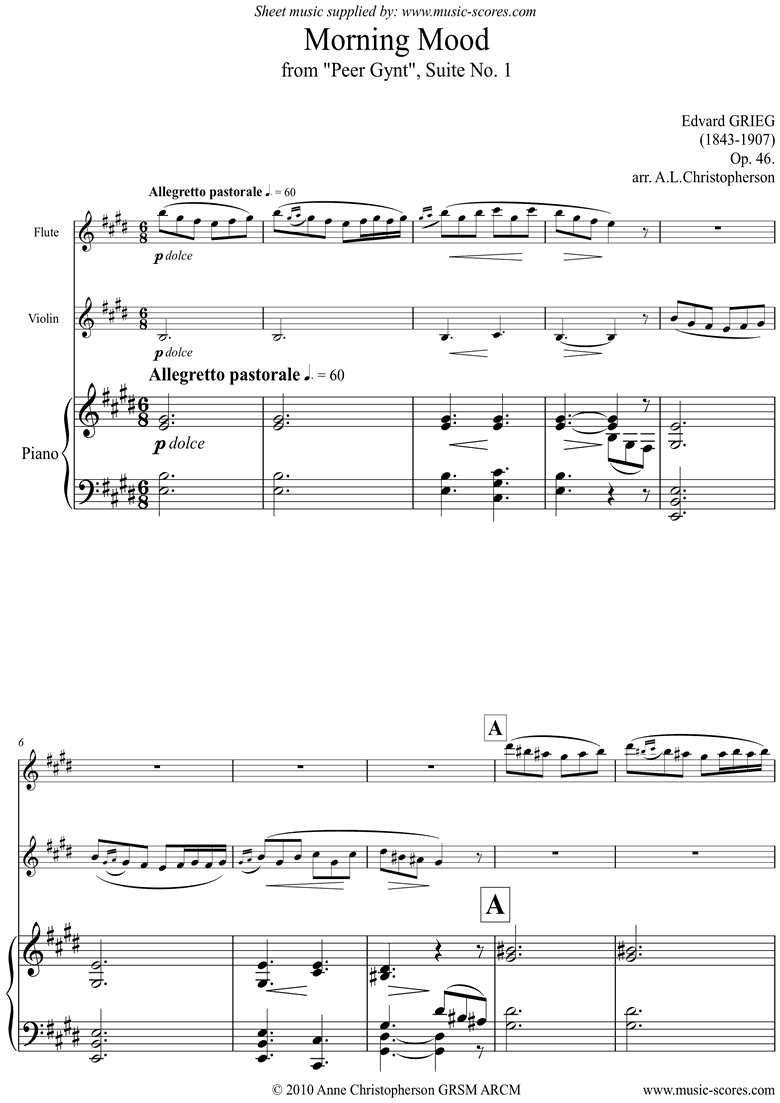 Op.46: Morning Mood: Peer Gynt No1: Fl, Vn, Pno by Grieg
