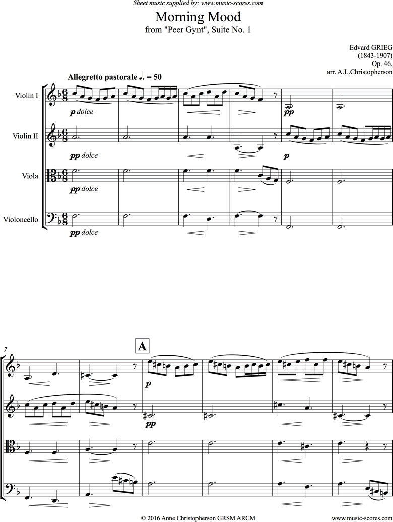 Op.46: Morning Mood: Peer Gynt No.1: 2 Violins, Viola, Cello by Grieg