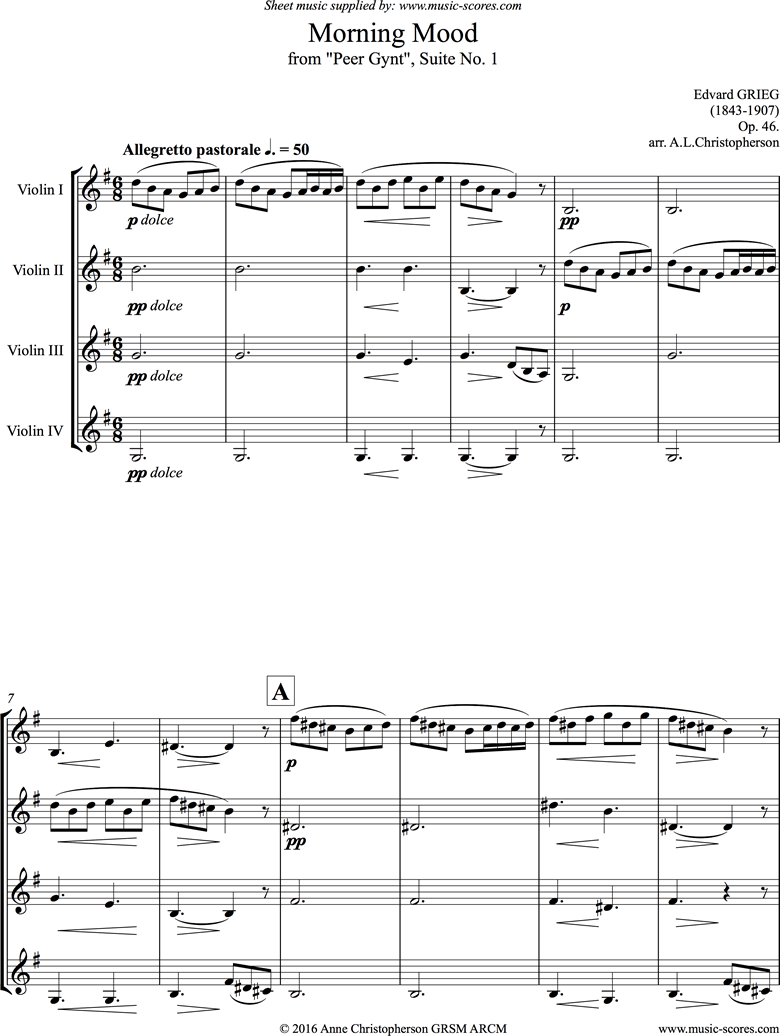 Op.46: Morning Mood: Peer Gynt No.1: 4 Violins by Grieg