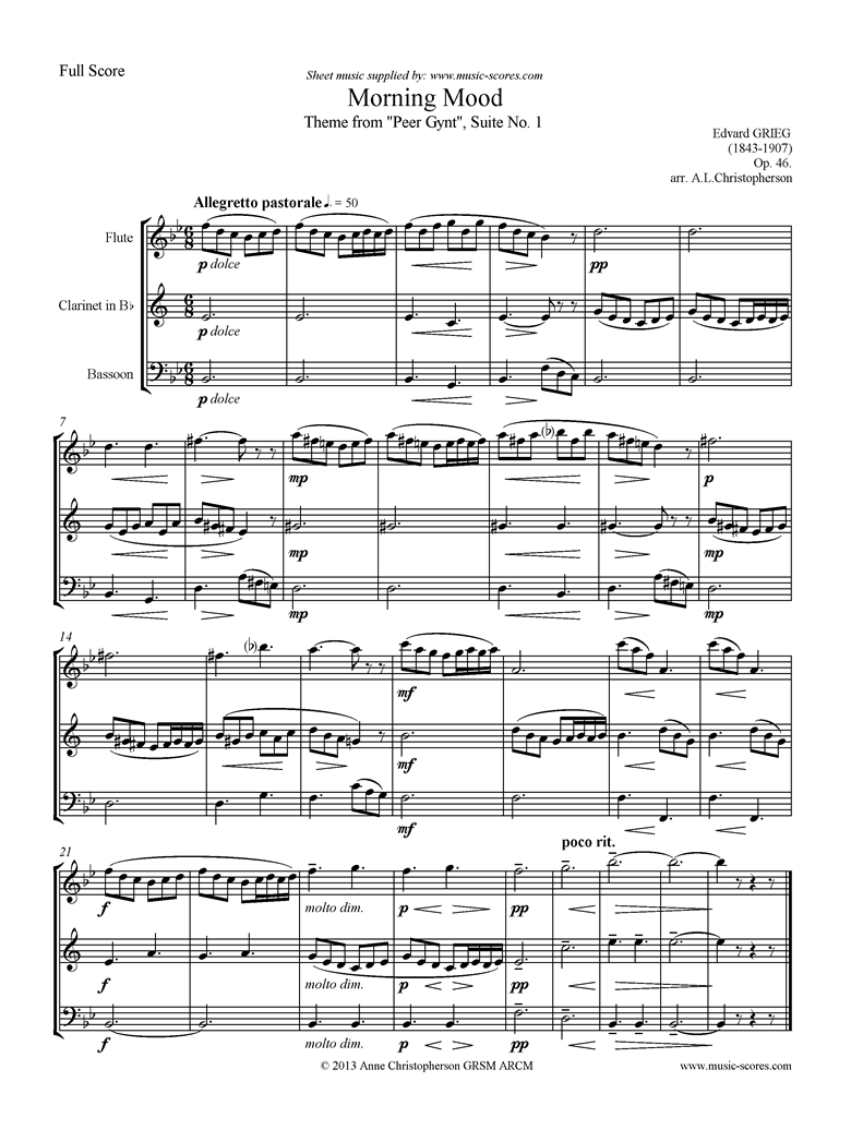 Op.46: Morning Mood: Peer Gynt No.1: Short: Flute, Clarinet, Bassoon by Grieg