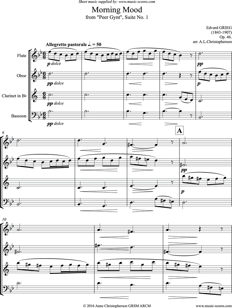 Op.46: Morning Mood: Peer Gynt No.1: Wind Quartet by Grieg