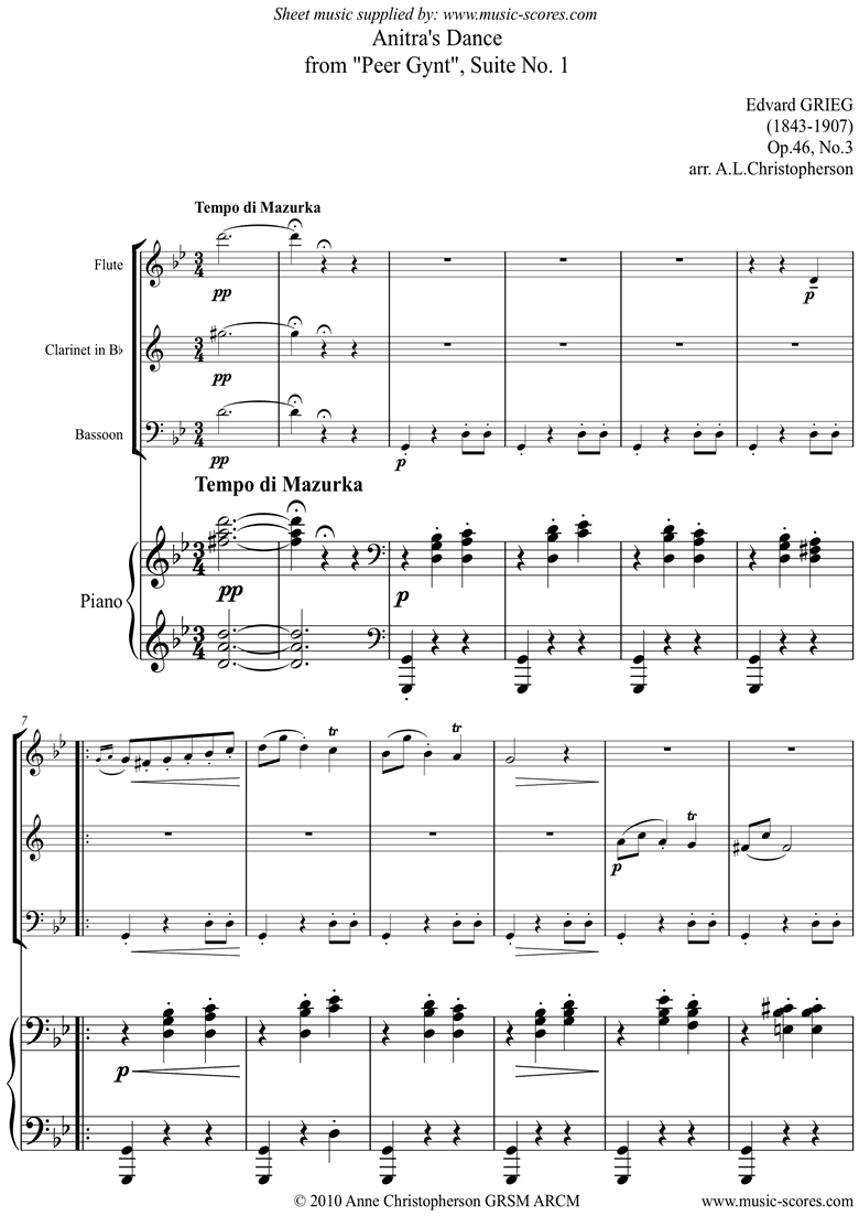 Op.46: Anitras Dance: Peer Gynt No.3: Fl Cl Fg Pno by Grieg