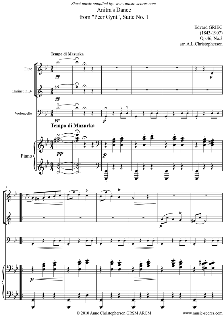 Op.46 No.3: Anitras Dance: Peer Gynt: Fl Cl Vc Pno by Grieg