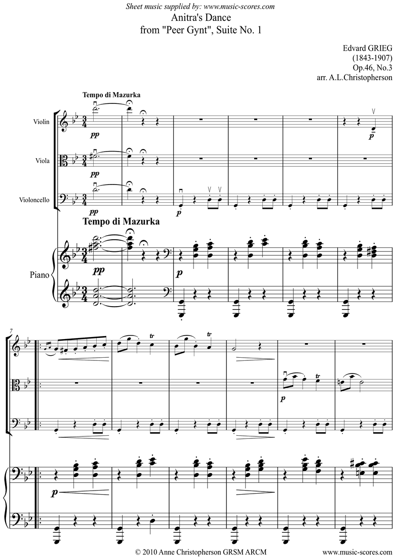 Front page of Op.46 No.3: Anitras Dance: Peer Gynt: Vn Va Vc Pno sheet music