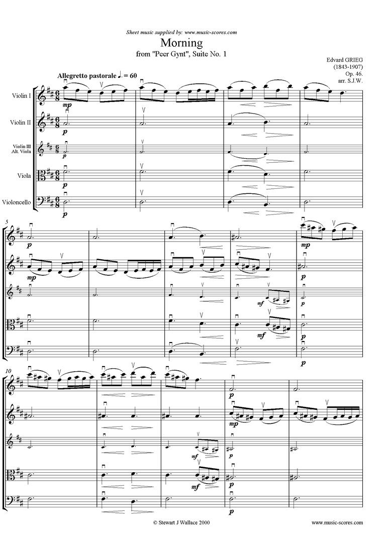 Front page of Op.46 Morning, from Peer Gynt Suite No.1:  Strings sheet music
