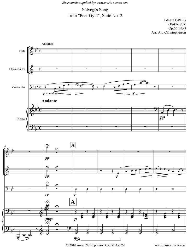 Front page of Op.55: Solvejgs Song: Peer Gynt No.4: Fl Cl Vc Pno sheet music