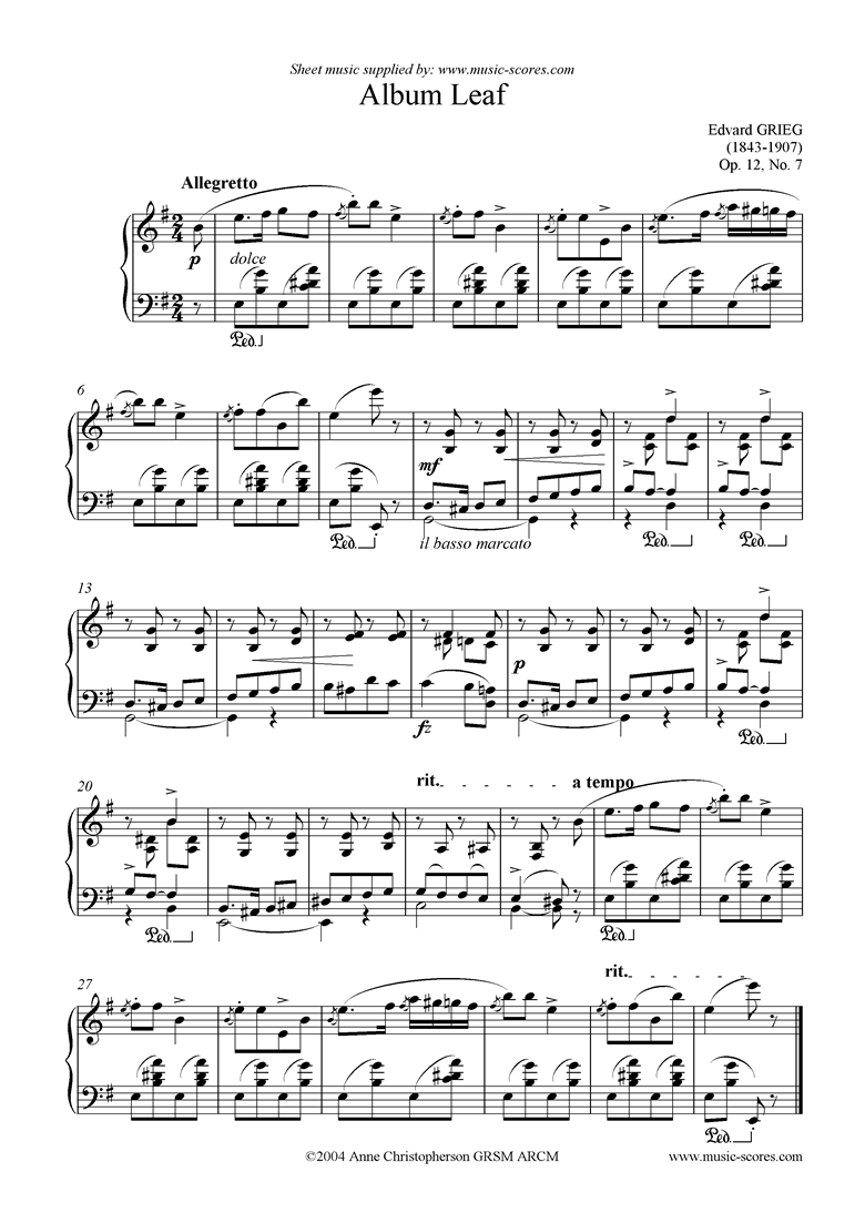 Front page of Op.12, No.7: Album Leaf sheet music