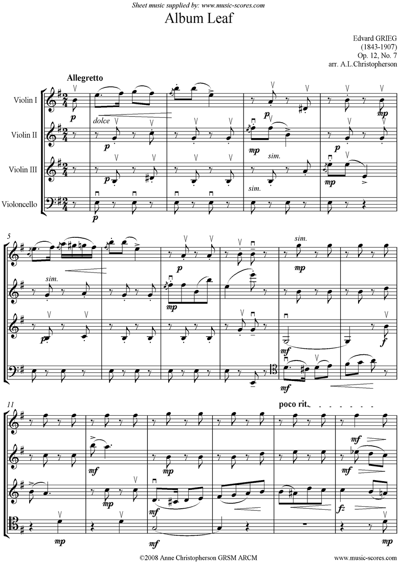 Op.12, No.7: Album Leaf. 3 Violins and Cello by Grieg
