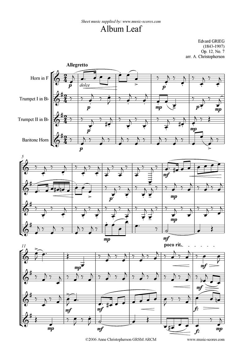 Front page of Op.12, No.7: Album Leaf. Horn, 2 Tpts, Bari Horn sheet music