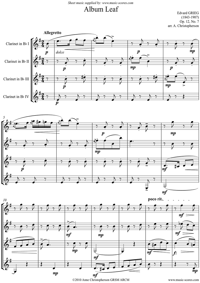 Front page of Op.12, No.7: Album Leaf. 4 Clarinets sheet music