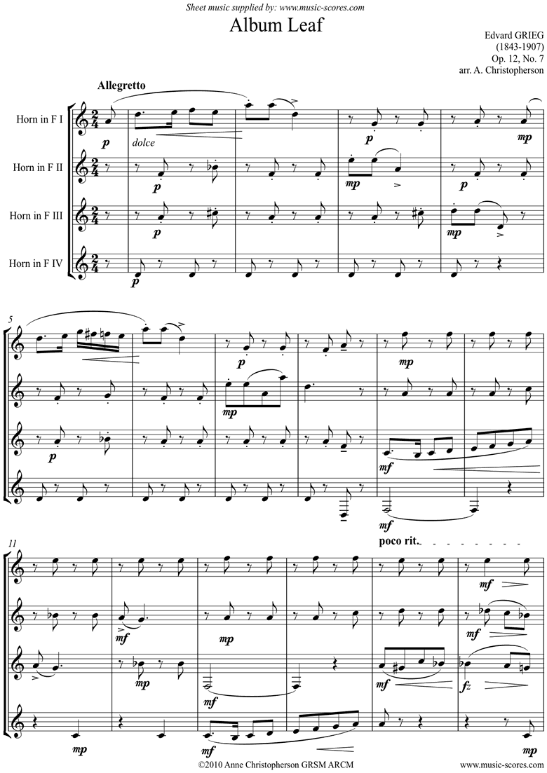 Op.12, No.7: Album Leaf. 4 Horns by Grieg