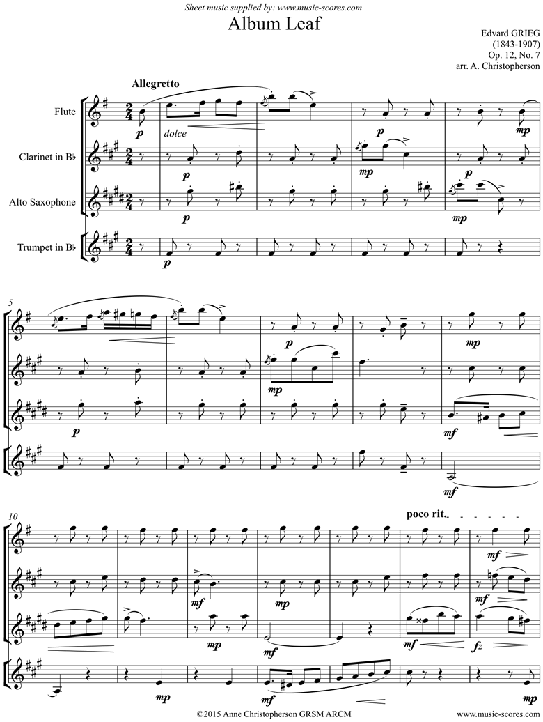 Op.12, No.7: Album Leaf. Flute, Clarinet, Alto Sax, Trumpet by Grieg