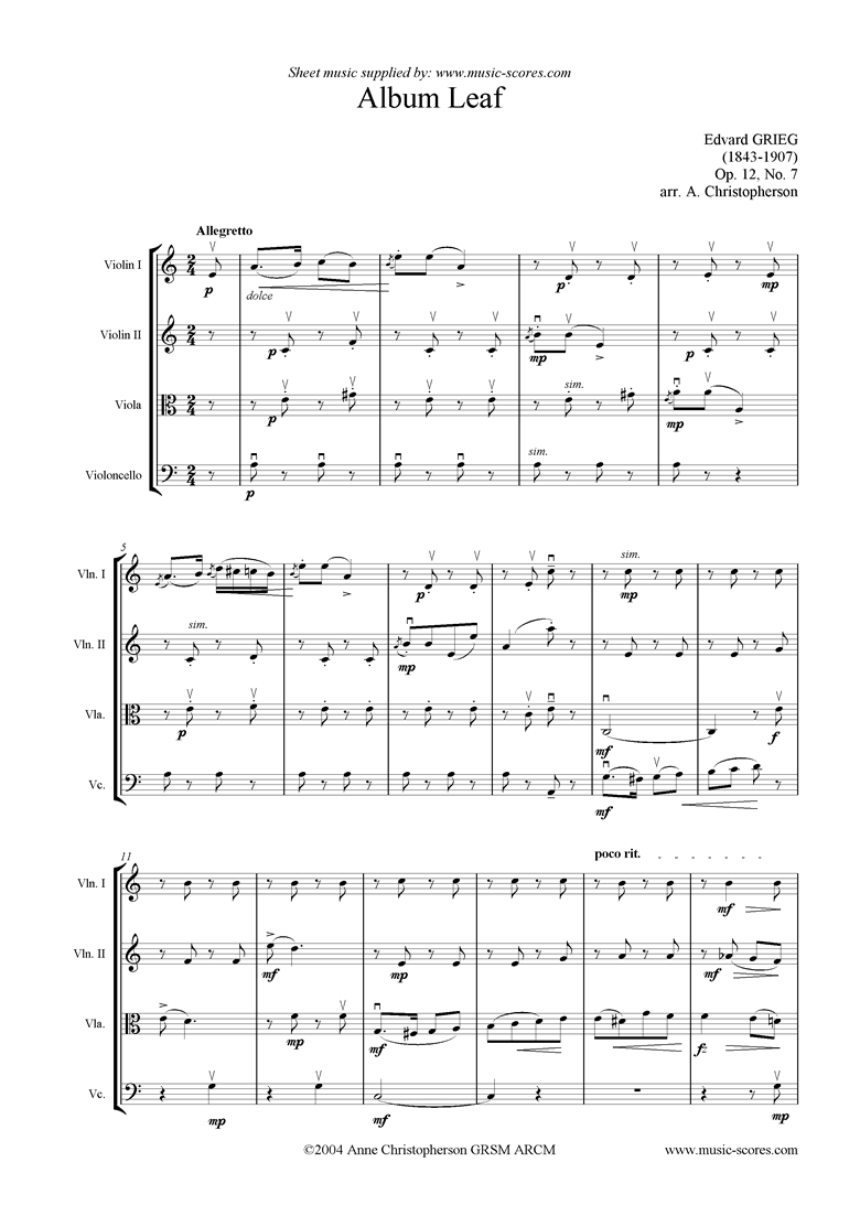Front page of Op.12, No.7: Album Leaf.  String quartet sheet music