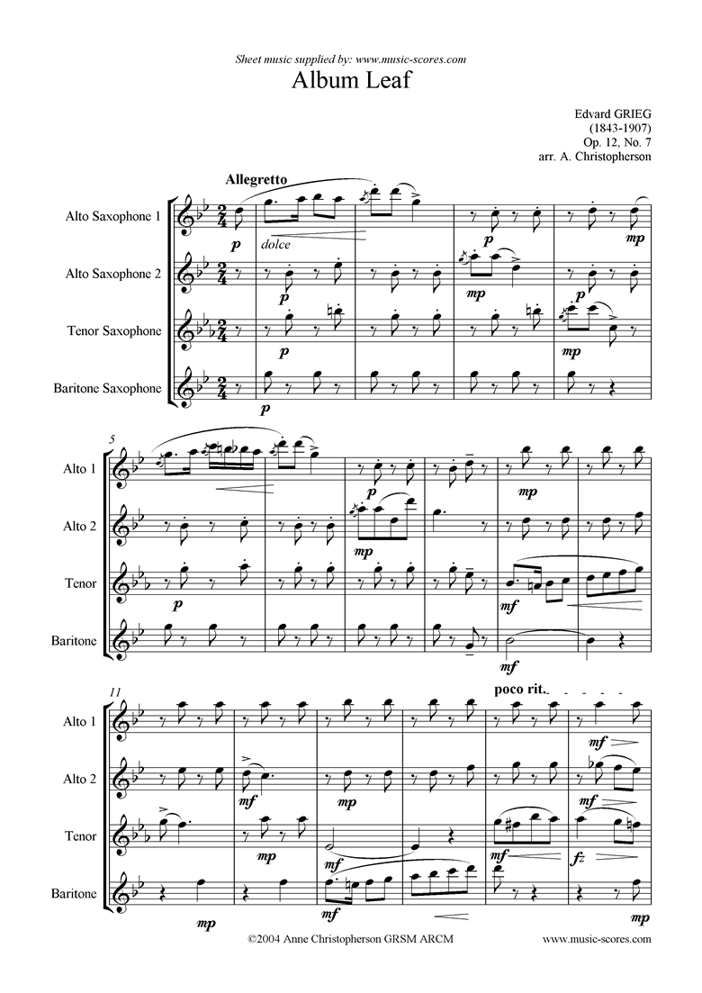 Front page of Op.12, No.7: Album Leaf. Sax Quartet sheet music