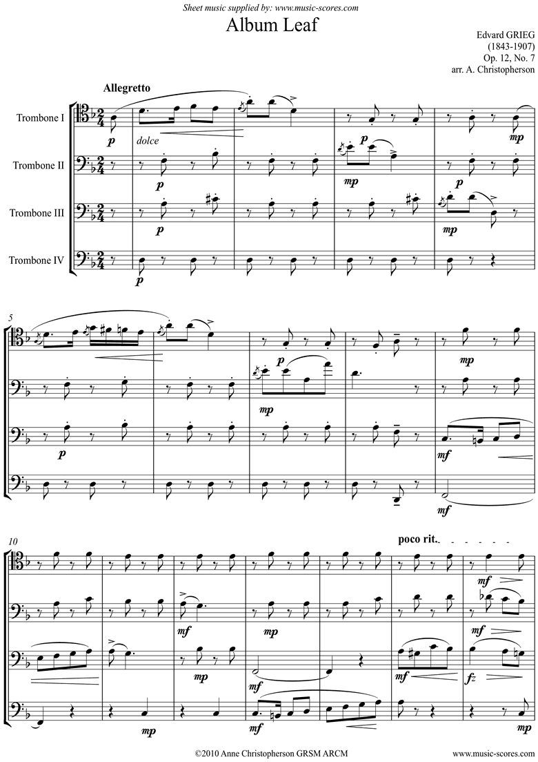 Front page of Op.12, No.7: Album Leaf. 4 Trombones sheet music