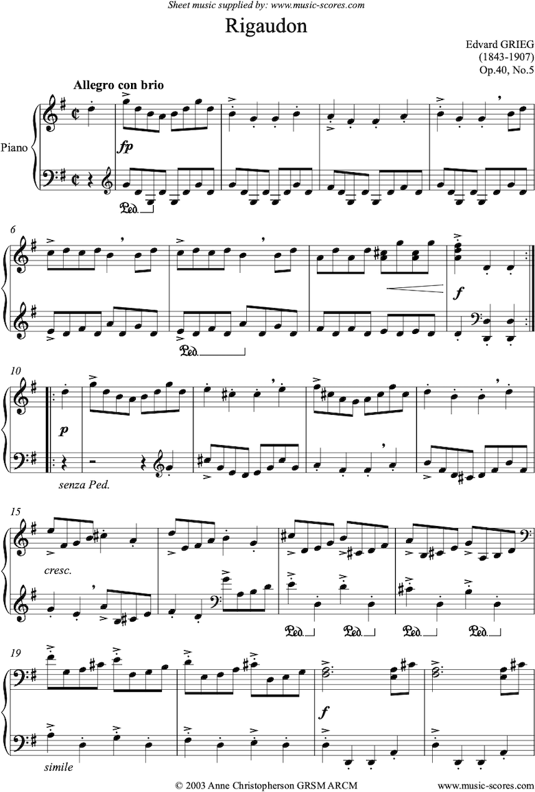 Front page of Op.40, No.5: Rigaudon sheet music