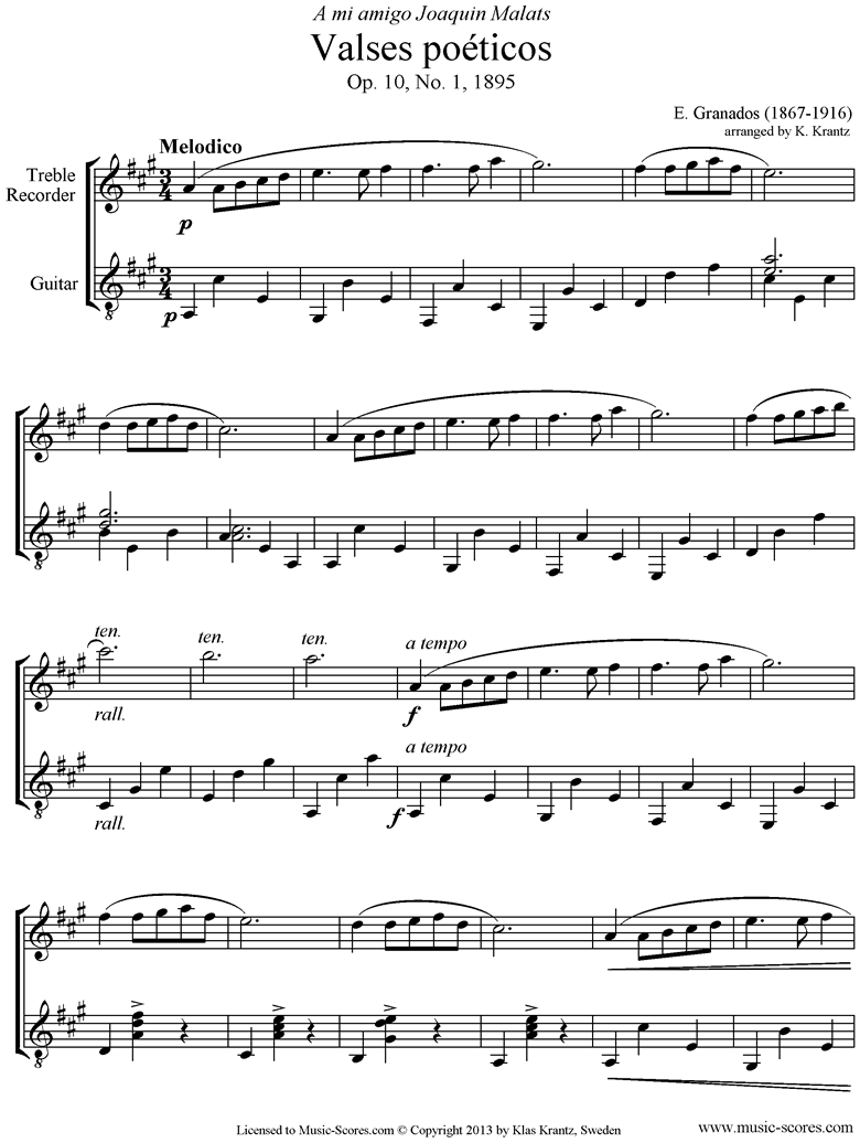 Front page of Valses Poeticos: Op.10 No.1: Treble Recorder, Guitar sheet music