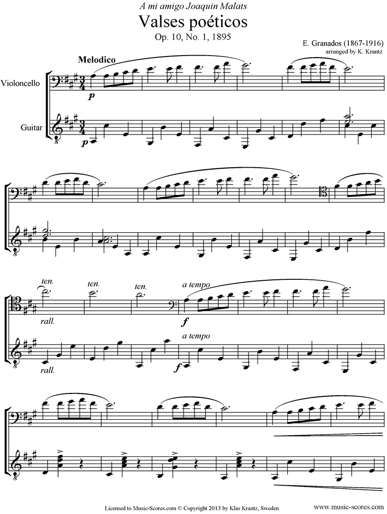 Front page of Valses Poeticos: Op.10 No.1: Cello, Guitar sheet music