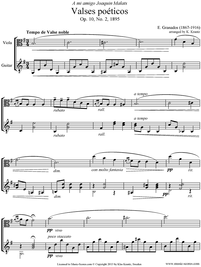 Front page of Valses Poeticos: Op.10 No.2: Viola, Guitar sheet music