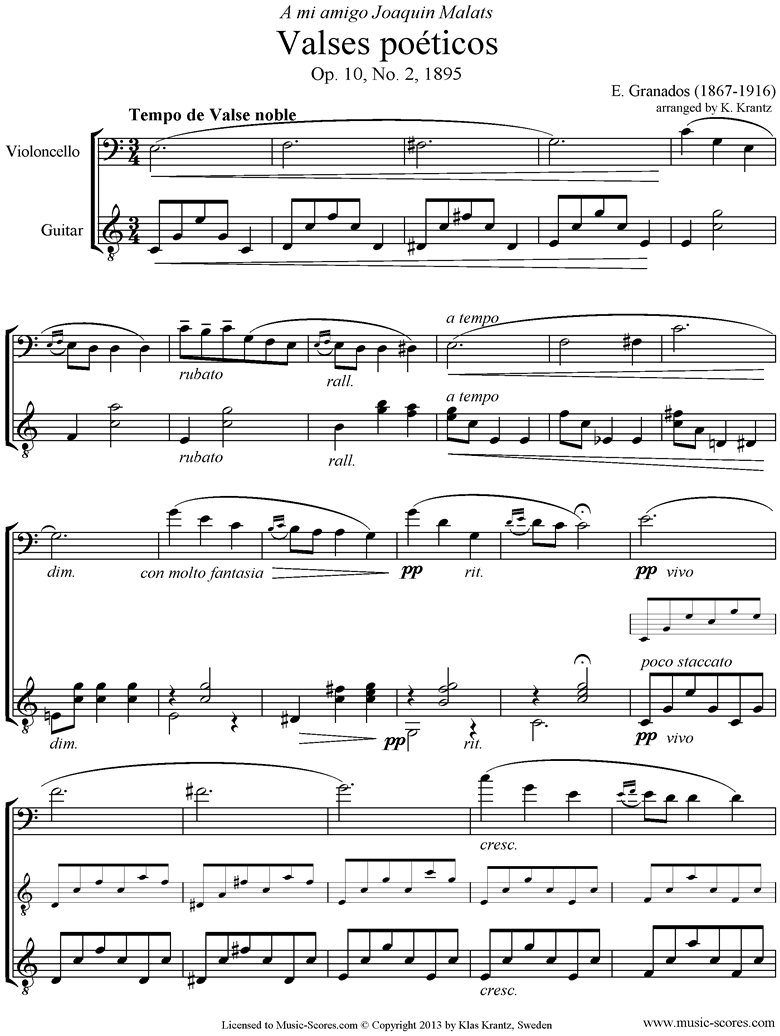 Front page of Valses Poeticos: Op.10 No.2: Cello, Guitar sheet music