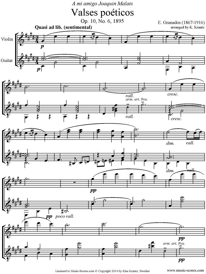 Front page of Valses Poeticos: Op.10 No.6: Violin, Guitar sheet music