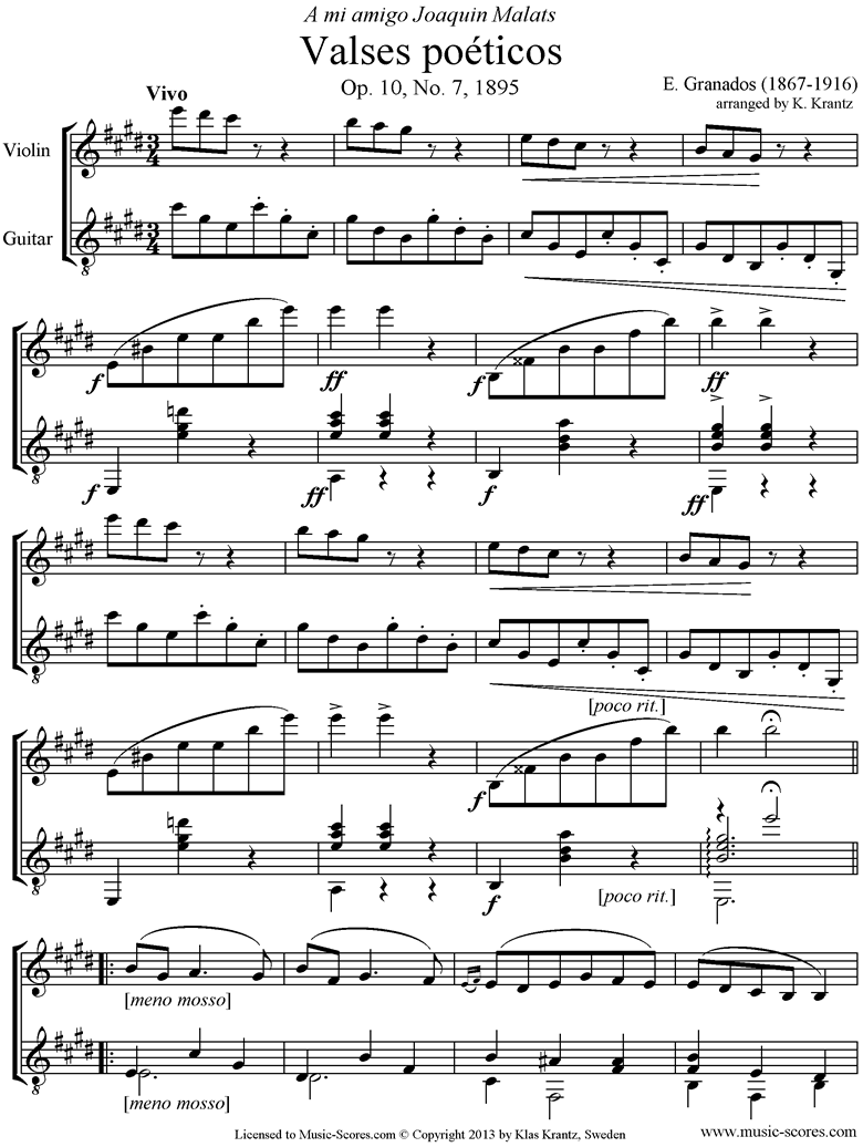 Front page of Valses Poeticos: Op.10 No.7: Violin, Guitar sheet music