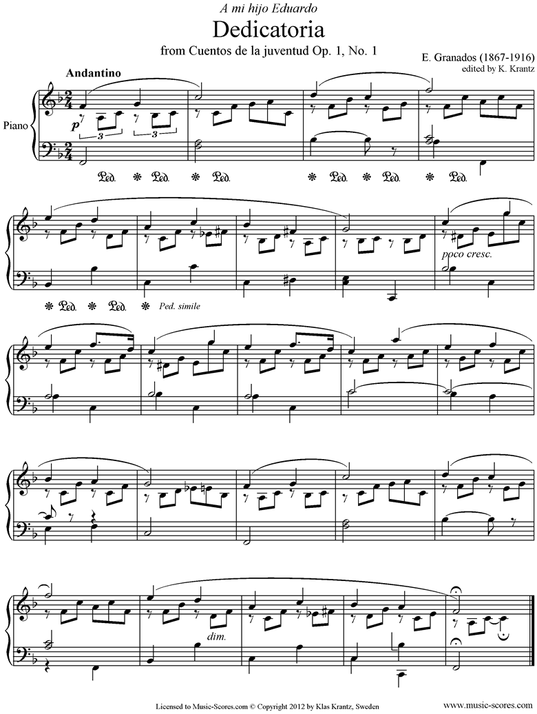 Front page of Dedicatoria: Op.1 No.1: Piano. sheet music