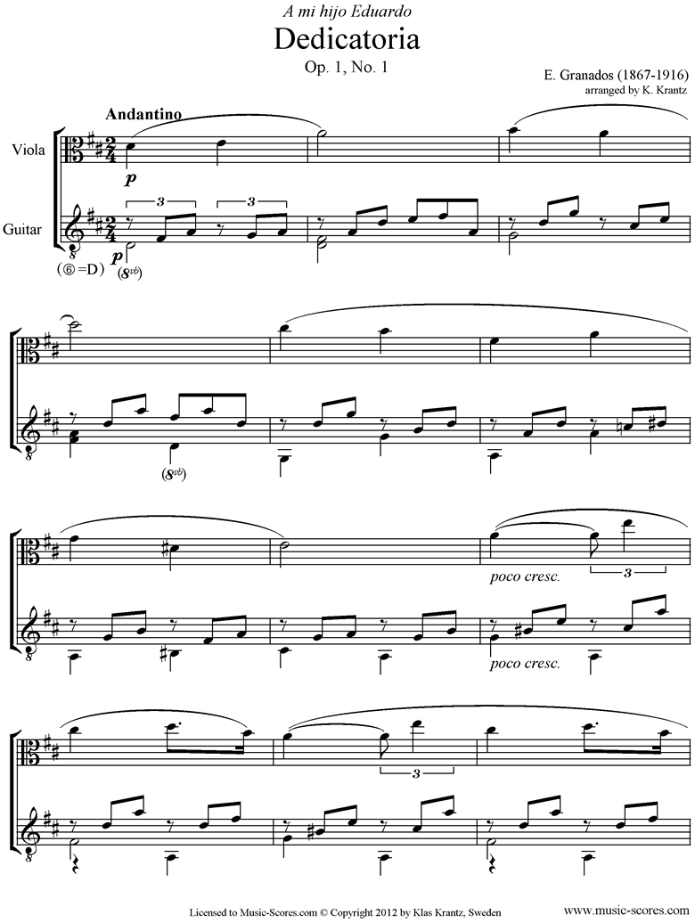 Front page of Dedicatoria: Op.1 No.1: Viola, Guitar. sheet music