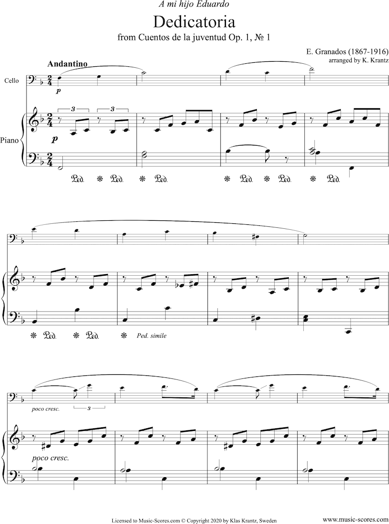 Front page of Dedicatoria: Op.1 No.1: Cello, Piano. sheet music