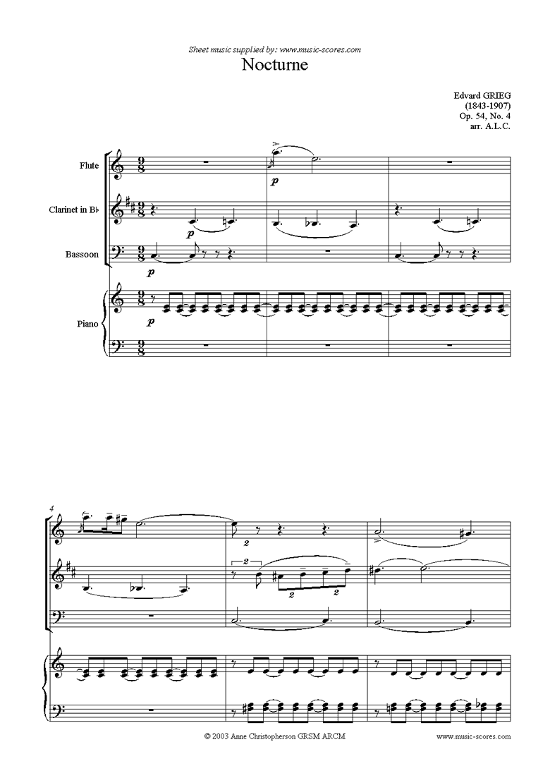 Front page of Op.54: Nocturne No.4, Flute, Clarinet, Bassoon, Piano sheet music