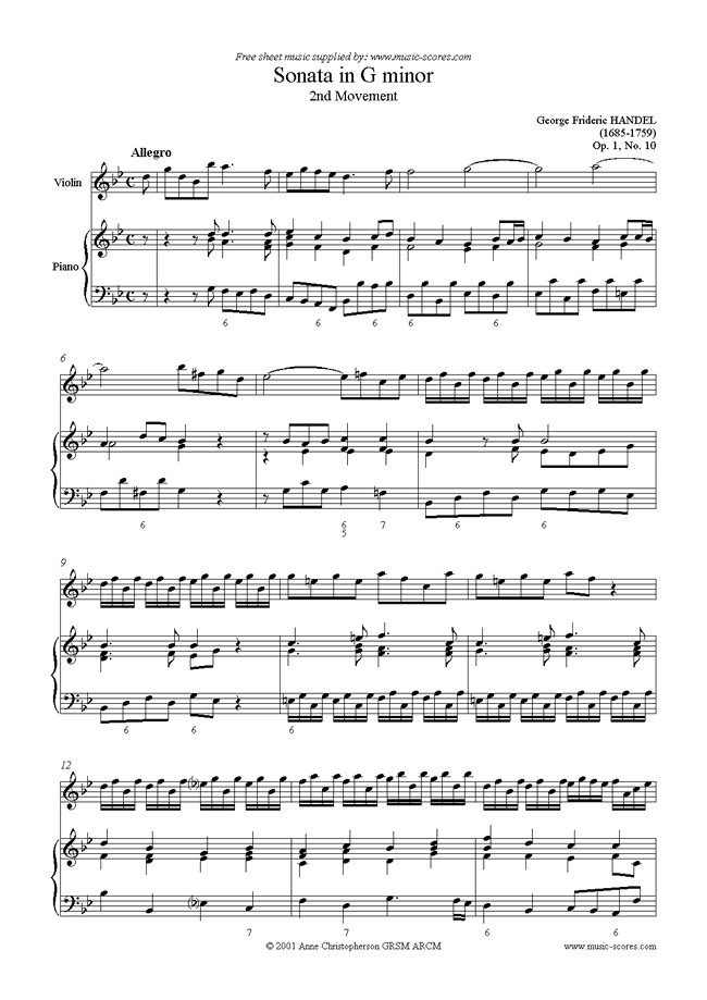 Front page of Sonata in G minor, 2nd Movement: Op. 1, No. 10: Violin sheet music