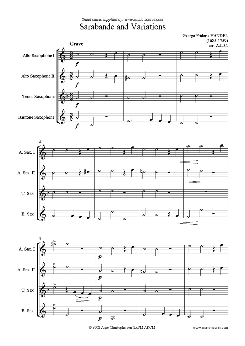 Front page of Sarabande and Variations: Suite No. 4 in Dmi: Sax 4 sheet music