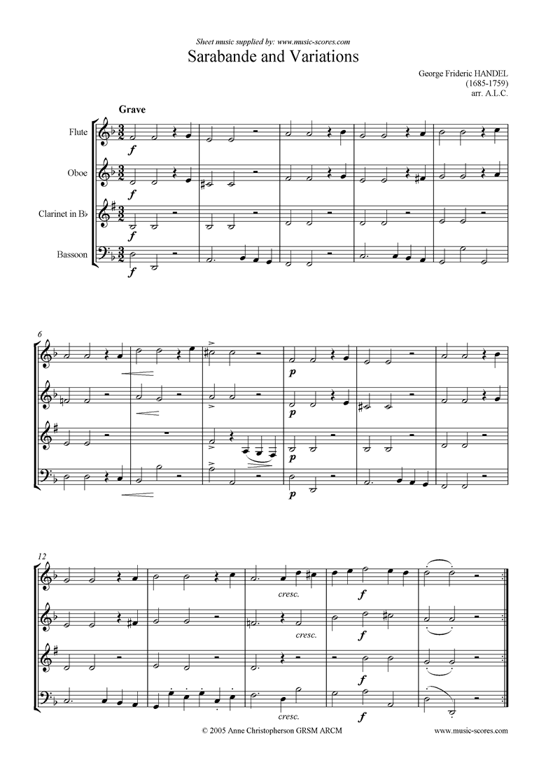 Front page of Sarabande and Variations: Suite No. 4 in Dmi: Wind sheet music