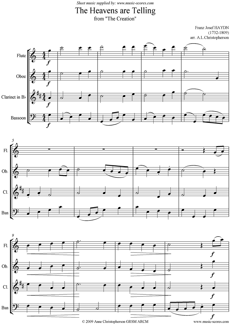 Front page of The Creation: The Heavens are Telling: Wind 4 sheet music