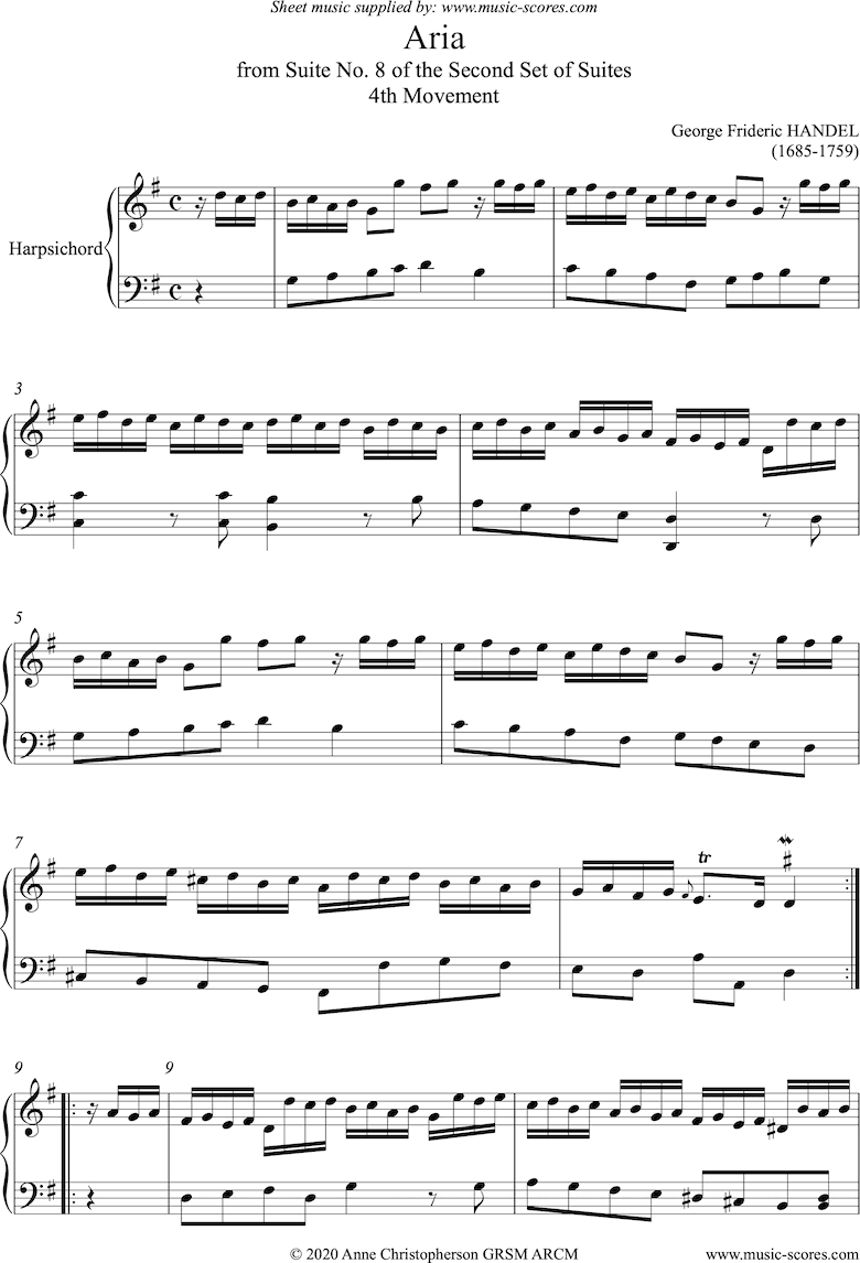 Front page of Aria: from Suite No. 8, 2nd Set: Piano or Harpsichord sheet music