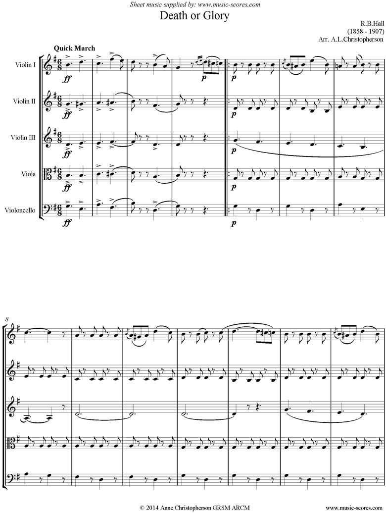 Front page of Death or Glory march: String Quintet sheet music