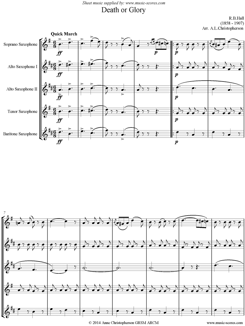 Front page of Death or Glory march: Sax Quintet sheet music