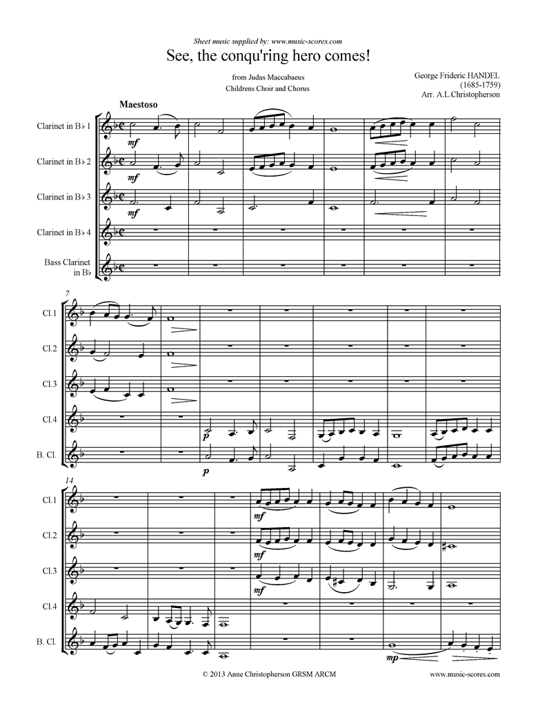 Front page of Judas Maccabaeus: See, the Conquering Hero: Clarinet choir sheet music