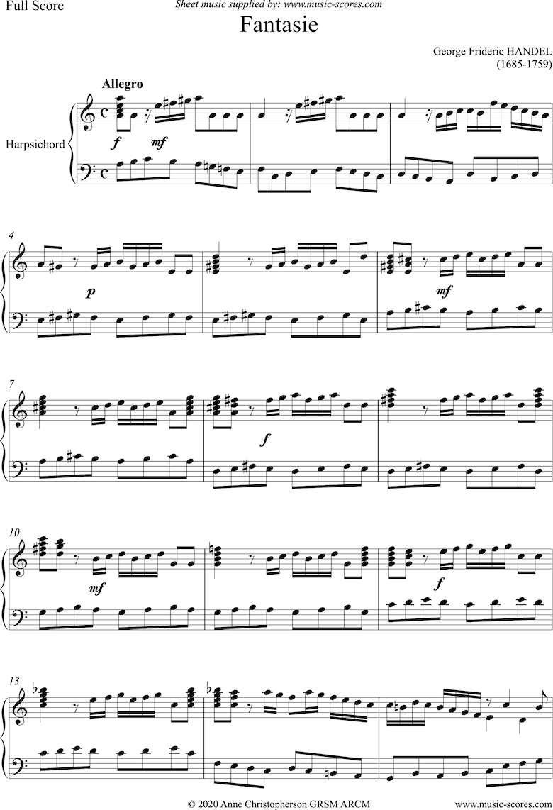 Front page of Fantasia in A minor: Harpsichord sheet music