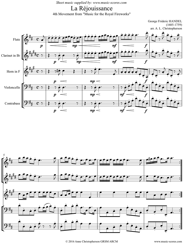 Fireworks Music: La Rjouissance: Flute, Clarinet, Horn, Cello, Contrabass by Handel