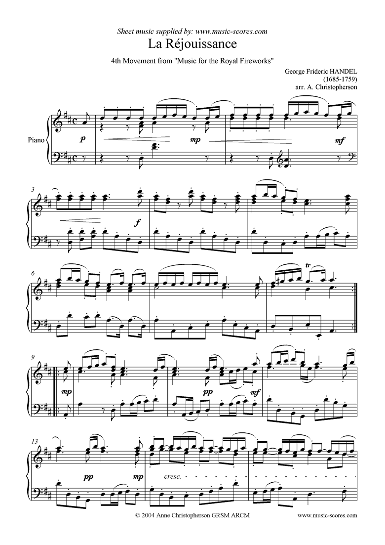Fireworks Music: La Rjouissance Piano by Handel