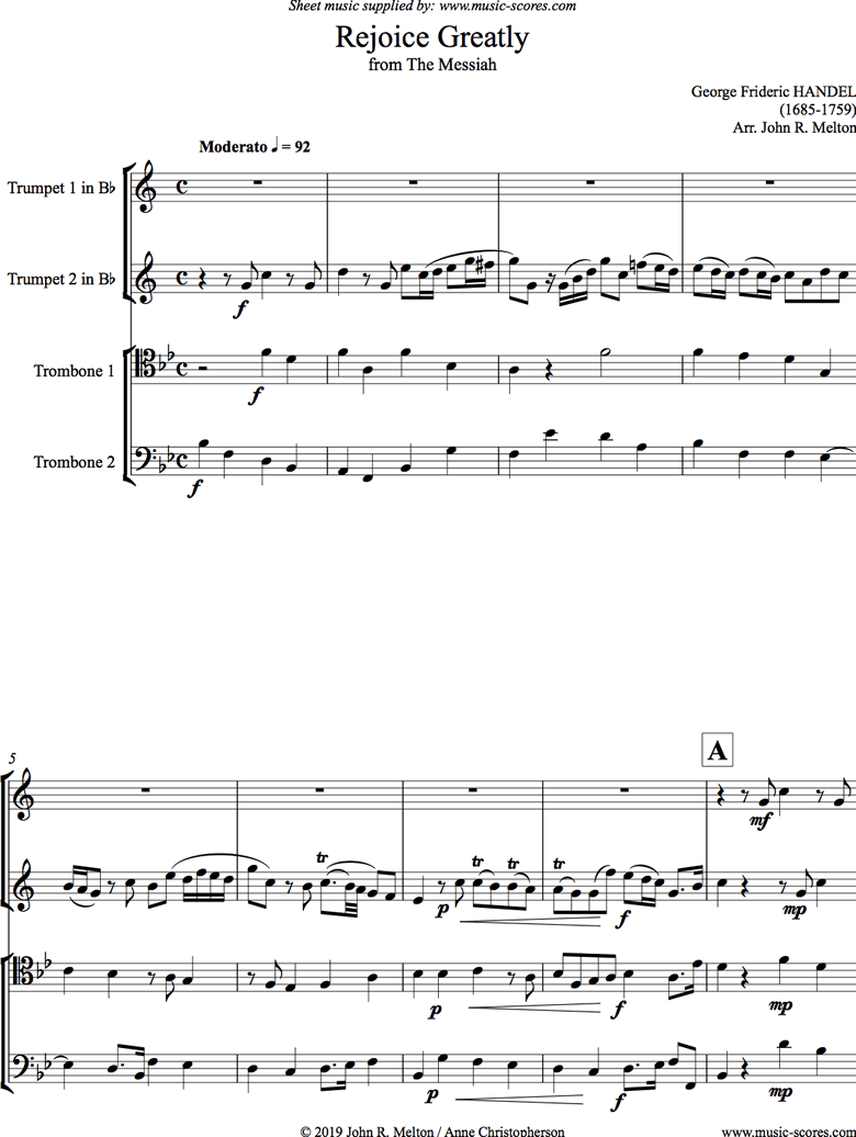Messiah: Rejoice Greatly: Brass Quartet: D major by Handel