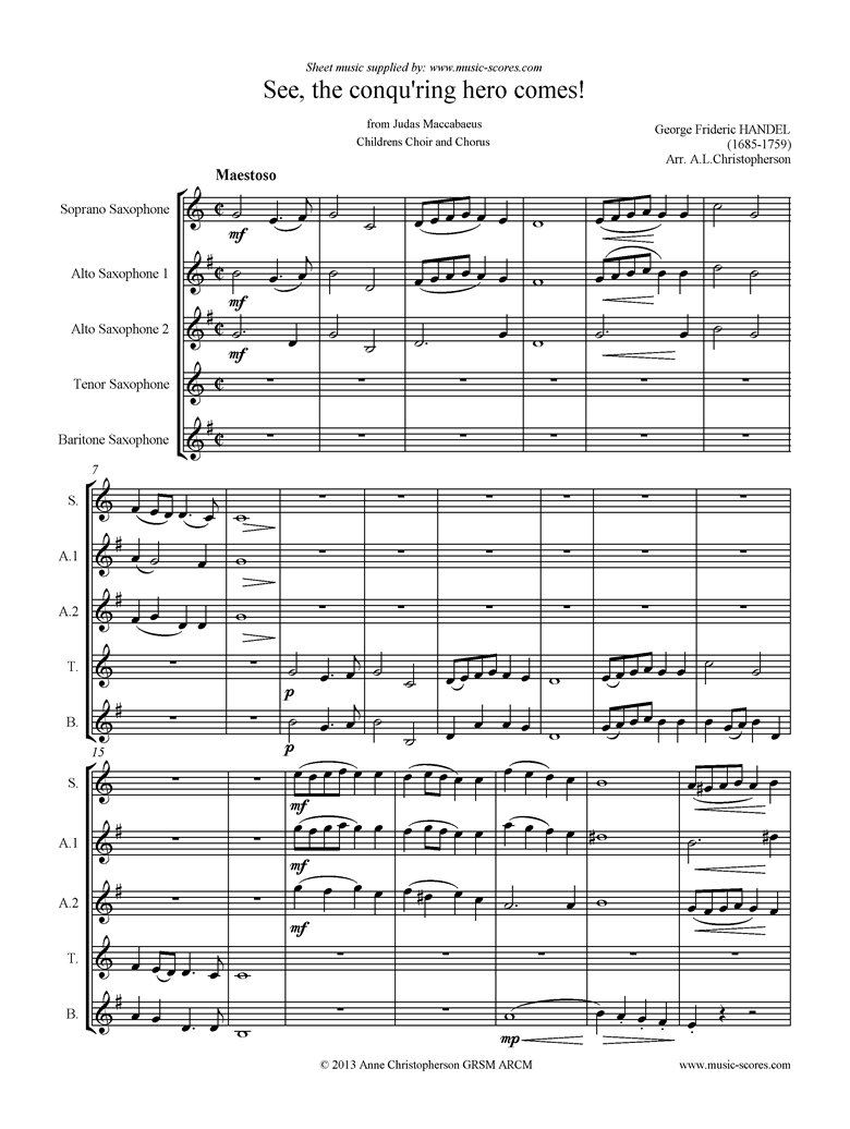 Front page of Judas Maccabaeus: See, the Conquering Hero: Sax quintet sheet music