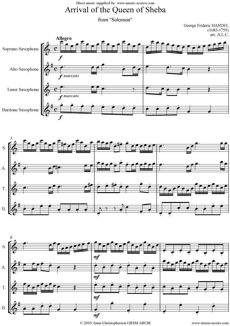 Front page of Solomon: Arrival of the Queen of Sheba: 4 Saxes sheet music