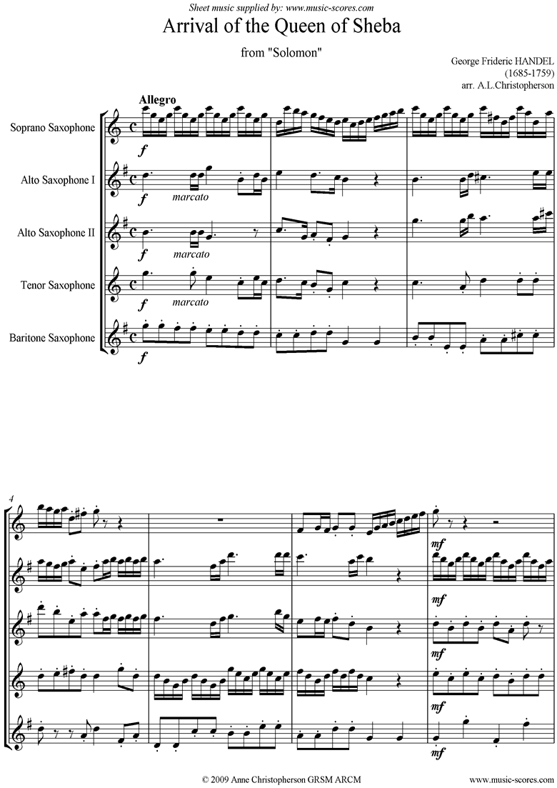 Front page of Solomon: Arrival of the Queen of Sheba: 5 Saxes sheet music