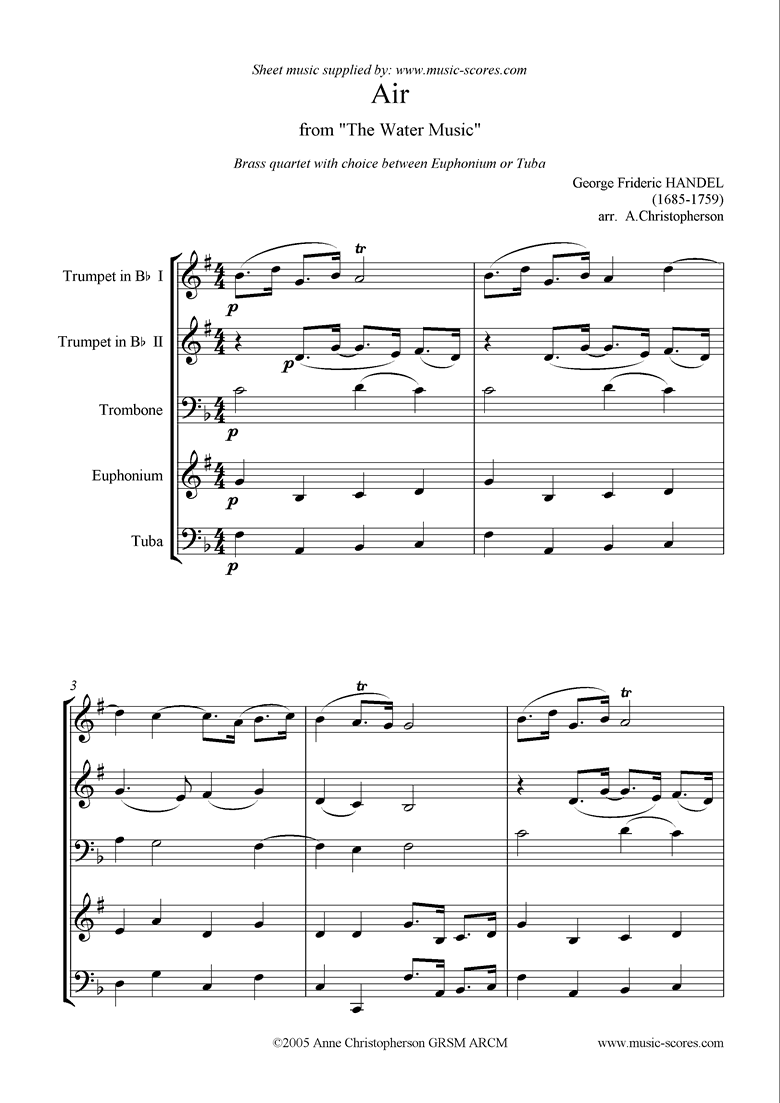 Front page of Water Music: Suite No.1: Air: Brass Quartet sheet music