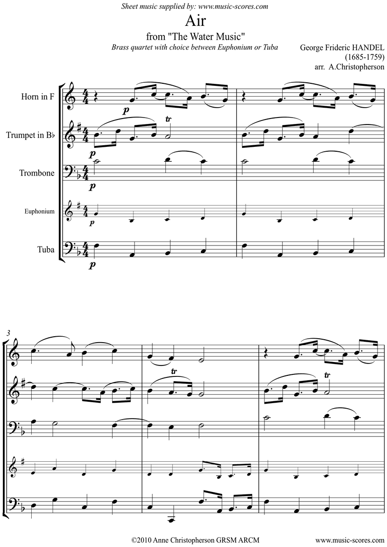 Front page of Water Music: Air: Trumpet, Horn, Trombone, Tuba sheet music