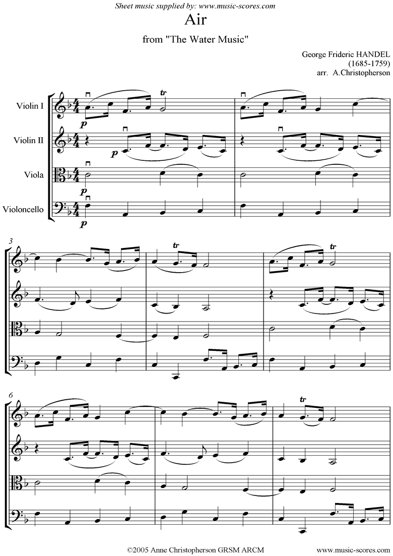 Front page of Water Music: Suite No.1: Air: String Quartet sheet music