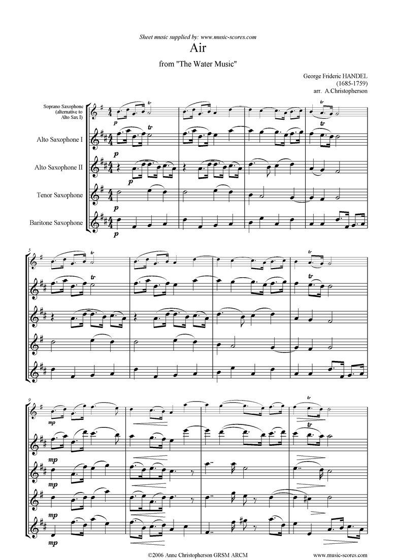 Front page of Water Music: Suite No.2: Air: Sax Quartet sheet music